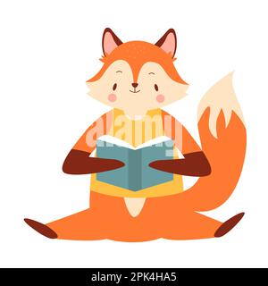 Renard mignon lisant un livre. Petit renard de gingembre en position assise, illustration de vecteur d'amant de livre Illustration de Vecteur