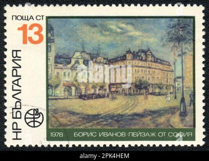 Un timbre imprimé en BULGARIE montre une photo du peintre B. Ivanov vue de Sofia, vers 1978 Banque D'Images