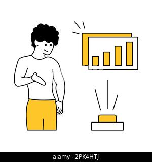 Présentation des analyses en ligne, des réalisations commerciales, des graphiques et des prévisions. Homme d'affaires présentant des données sur les études de marché. Vecteur de ligne mince i Illustration de Vecteur