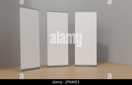 PSD Three Roll Up Mockup Banners zone graphique blanche de l'espace de copie. 3D Render roll up Banner Executive rola maquette exposition Banner. Banque D'Images