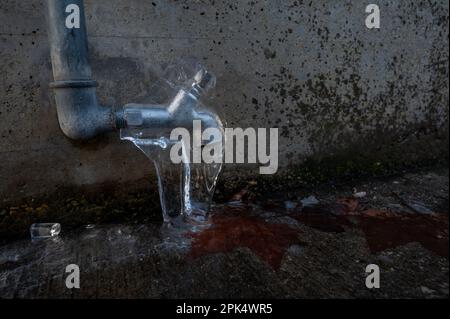 Fissure dans le robinet d'eau. Un robinet gelé avec des feuilles et de l'eau qui fuit sur le sol en hiver. Banque D'Images