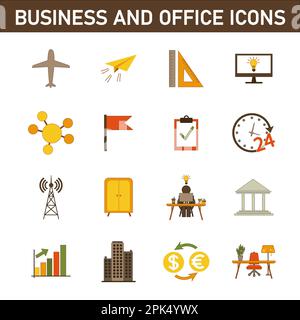 Collection d'icônes plates multicolores sur le sujet : affaires et bureau. Isolé sur fond blanc. Banque D'Images