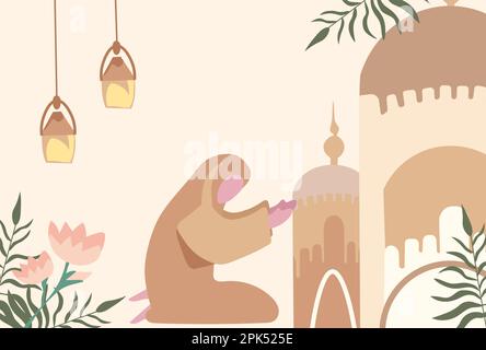 EID Moubarak. Un dévot Musulmans prient namaz ou salah avec la Mosquée Silhouette toile de fond. Idéal pour les cartes, les affiches et les bannières. Illustration vectorielle Illustration de Vecteur