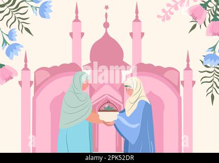 Célébrant ensemble, Une communauté musulmane joyeuse avec la Mosquée Silhouette toile de fond. Un musulman dévot échangeant des cadeaux, se félicitant mutuellement. Illustration vectorielle Illustration de Vecteur