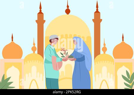 Célébrer ensemble : une communauté musulmane joyeuse avec toile de fond Mosquée Silhouette. L'homme et les femmes échangent des cadeaux, se félicitant mutuellement. Illustration vectorielle Illustration de Vecteur