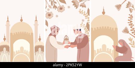 Célébrant ensemble, Une communauté musulmane joyeuse avec la Mosquée Silhouette toile de fond. Mans et femmes échangeant des cadeaux, en se félicitant mutuellement. Illustration vectorielle Illustration de Vecteur