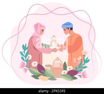 Une charmante illustration pastel du mois Saint Ramadan, Hari Raya ou Eid Mubarak salutation avec des décorations botaniques. Des hommes et des femmes musulmans échangeant des cadeaux, se félicitant mutuellement Illustration de Vecteur