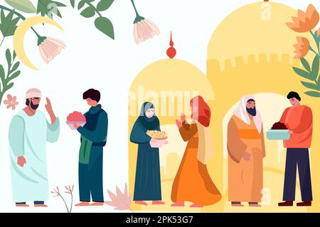 Célébrer ensemble : une communauté musulmane joyeuse avec toile de fond Mosquée Silhouette. Mans et femmes échangeant des cadeaux, en se félicitant mutuellement. Illustration vectorielle Illustration de Vecteur