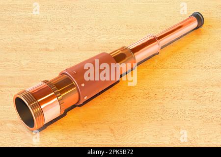 Télescope portatif en laiton sur la table en bois. 3D rendu Banque D'Images