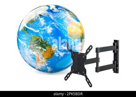 Support mural pour moniteur TV avec Earth Globe, rendu 3D isolé sur fond blanc Banque D'Images