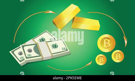 Investir dans l'or et le bitcoin, le monde de l'économie et des investissements. concept commercial et financier Illustration de Vecteur