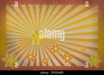 rayon de soleil jaune avec bordure orange et fond jaune avec fleurs au bas de l'illustration Banque D'Images