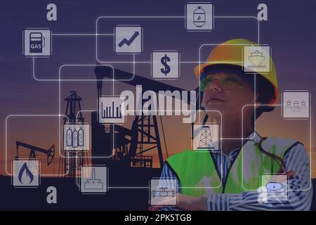 Ingénieur professionnel, illustration de différentes icônes et silhouettes de pompes à gaz en arrière-plan Banque D'Images