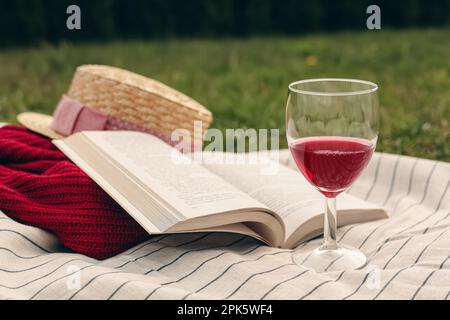 Couverture avec verre de vin rouge, livre, chandail et chapeau sur l'herbe verte. Saison de pique-nique Banque D'Images