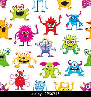 Personnages de dessin animé monstre sans couture motif et enfants créatures drôles fond vectoriel. Des monstres amusants mignons et un motif animal extraterrestre de mutant bizarre Illustration de Vecteur