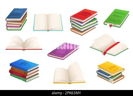 Des livres de dessins animés, des manuels et des BEST-sellers ont ouvert des livres en piles. Bibliothèque de la littérature vectorielle isolée des livres ou de l'éducation scolaire, a ouvert des manuels avec Illustration de Vecteur