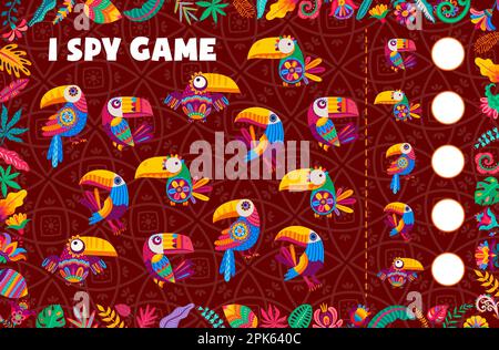 I SPY jeu feuille de travail, caricature mexicaine et brésilienne oiseaux de toucan, vecteur enfants puzzle quiz. Trouvez et associez deux oiseaux tropicaux identiques sur le jeu de riddle pour enfants Illustration de Vecteur