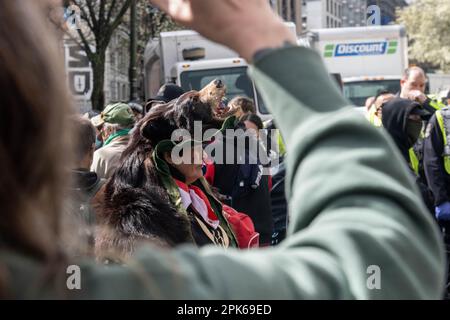 Vancouver, Colombie-Britannique, Canada. 5th avril 2023. Une femme porte un régalia autochtone sur la rue Hastings à Vancouver, au Canada, alors que les policiers et les équipes municipales retirent un 5 avril de campement pour sans-abri. La ville de Vancouver a demandé une présence policière importante pour la sécurité des équipages qui défrigent les tentes, les structures temporaires et les effets personnels des résidents sans-abri qui ont campé sur le trottoir pendant environ huit mois, bloquant parfois les entrées des entreprises et des résidences. Le déménagement fait suite à la fermeture des campements dans les parcs publics il y a deux ans, au début de ce qui est maintenant le pire afforda du Canada Banque D'Images