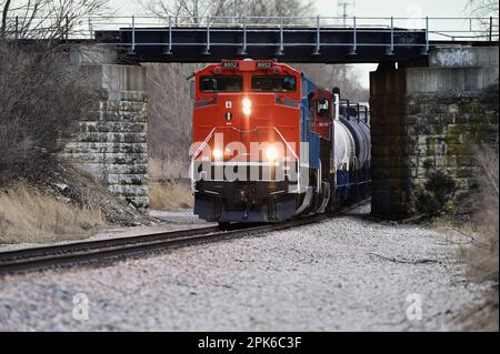 Wayne, Illinois, États-Unis. Une paire de locomotives alimente un train de marchandises du chemin de fer national canadien par un viaduc qui soutient une autre ligne de chemin de fer. Banque D'Images