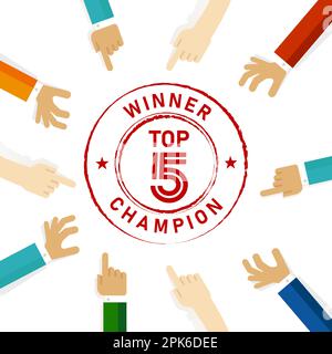 Les 5 meilleurs gagnants des cinq champions concentrent leur attention sur le timbre en caoutchouc de l'emblème de joint Illustration de Vecteur