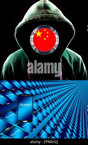 Image symbolique, cyber-attaques en Chine, infrastructure critique de Huawai, 5G réseaux, cyber-sécurité, Dans le monde entier, criminalité informatique, attaques informatiques numériques Banque D'Images