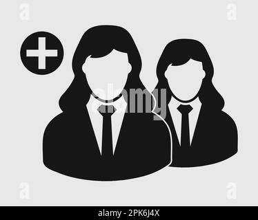 Icône augmenter ou ajouter des utilisateurs. Symbole femelle sur fond gris. EPS vectoriel de style plat. Illustration de Vecteur