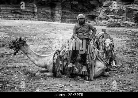 Promenades à dos de chameau en couleur à l'entrée du site classé au patrimoine de l'UNESCO. Jordanie. Banque D'Images