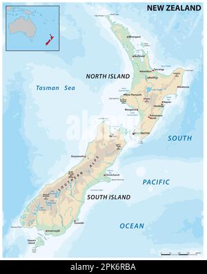 Carte vectorielle physique de la nation insulaire de la Nouvelle-Zélande Banque D'Images