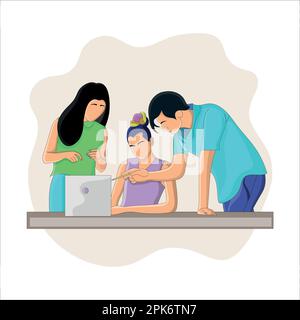 Les étudiants de l'université Vector discutent du projet de groupe en utilisant la conception d'illustrations vectorielles plates d'un ordinateur portable Illustration de Vecteur