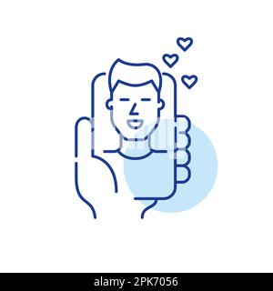 Guy recevant des J'aime de l'application de datation. Profil utilisateur masculin. Main tenant le smartphone. Icône de ligne de contour pixel Perfect, modifiable Illustration de Vecteur