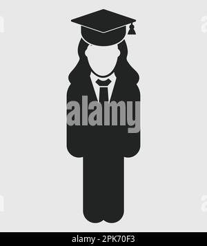 Icône étudiant diplômé. Symbole Femme debout sur fond gris. EPS vectoriel de style plat. Illustration de Vecteur