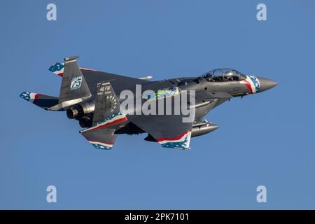 F-15E Strike Eagles part de RAF Lakenheath à Suffolk, le 3rd avril 2023 Banque D'Images