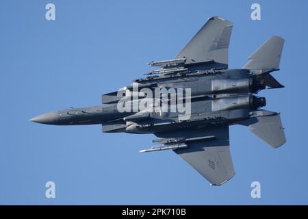 F-15E Strike Eagles part de RAF Lakenheath à Suffolk, le 3rd avril 2023 Banque D'Images