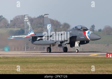 Le Liberty F-15E Strike Eagles part de RAF Lakenheath à Suffolk, le 3rd avril 2023 Banque D'Images