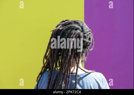 Femme avec une coupe de cheveux de locs tournée de derrière Banque D'Images