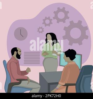 Conception plate d'un homme discutant et de deux femmes au bureau Illustration de Vecteur