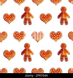 Motif aquarelle dessiné à la main avec biscuits de pain d'épice de Noël, bonbons, coeur, homme de pain d'épice Banque D'Images