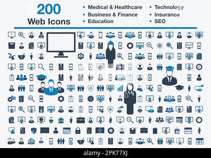 200 icônes Web universelles, y compris médical et santé, affaires, finances, assurance, technologie, Éducation, signe SEO. Symbole EPS vectoriel modifiable il Illustration de Vecteur