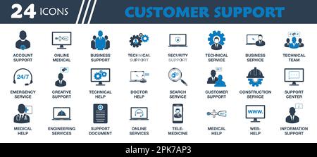 Ensemble d'icônes du support client. Collecte de compte, médical, commercial, technique, urgence, Icônes en ligne, télémédecine, information, Service et aide. Illustration de Vecteur
