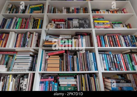 Bibliothèque en bois blanc bien rempli dans une bibliothèque à la maison, Royaume-Uni Banque D'Images