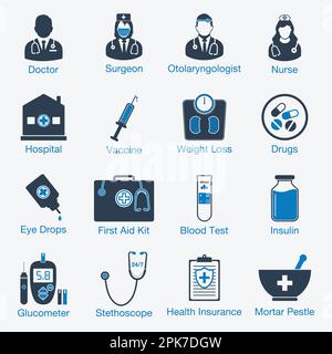 Icônes médicales avec médecin, chirurgien, Otolaryngologiste, infirmière, hôpital, Vaccin, médicaments, balance, chute oculaire, insuline, Test sanguin, premiers soins Illustration de Vecteur