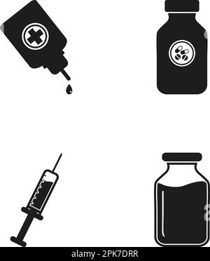 Comprimés médicaux et icônes de bouteille avec comprimé, vaccin, oeil, Dropper, signe d'injection. Illustration du symbole EPS vectoriel modifiable. Illustration de Vecteur