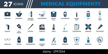 Ensemble d'icônes d'équipement médical. Collecte de la boîte de premiers soins, du mortier et du pilon, du stéthoscope, de la balance, du glucomètre, Inhalateur, Scalpel, Hôpital et Vc Illustration de Vecteur