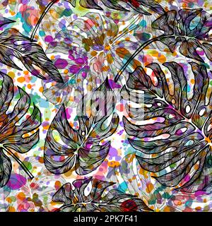 Motif fleuri sans couture, plante de Philodendron verte, noire et blanche à feuilles séparées avec vignes sur fond blanc, thème pastel vintage Illustration de Vecteur