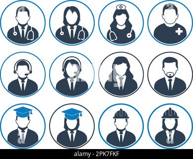 Ensemble d'icônes de profil de personnes de différentes professions. Homme d'affaires, étudiant diplômé, service à la clientèle, médecin, infirmière, Ingénieur, etc Illustration de Vecteur