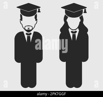 Icône couple étudiant diplômé. Symbole Homme et Femme debout sur fond gris. Illustration de Vecteur