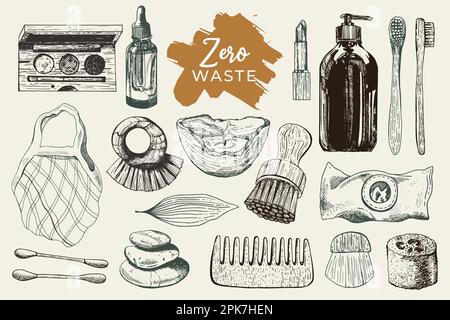 Kit d'accessoires de salle de bain zéro déchet. peigne en bois, débarbouillette en jute, brosse à dents en bambou, savon biologique, pierre ponce, Rouge à lèvres, loofah, hyg. Écologique réutilisable Illustration de Vecteur