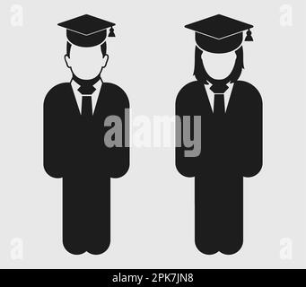 Icône couple étudiant diplômé. Symbole Homme et Femme debout sur fond gris. Illustration de Vecteur