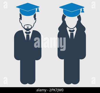 Icône couple étudiant diplômé. Symbole Homme et Femme debout sur fond gris. Illustration de Vecteur