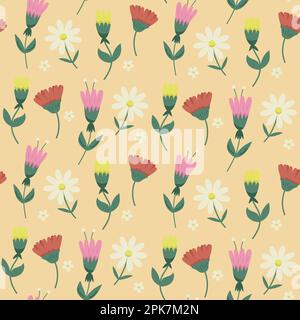 Motif fleuri sans couture avec différentes fleurs minimalistes multicolores sur fond jaune. Fond de printemps avec fleurs de fleur pour tissu Illustration de Vecteur